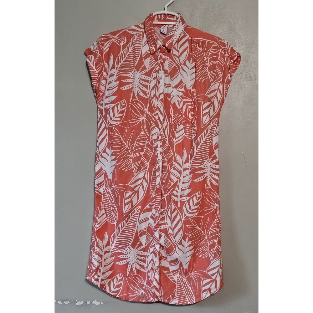 Old Navy Button Up Shirt Dress Size L Linen Blend Tropical Leaf Print Cap Sleeve